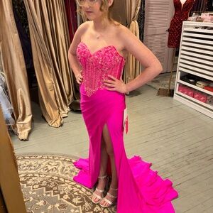 Hot Pink Beaded Corset Evening Gown Prom Pageant Dress